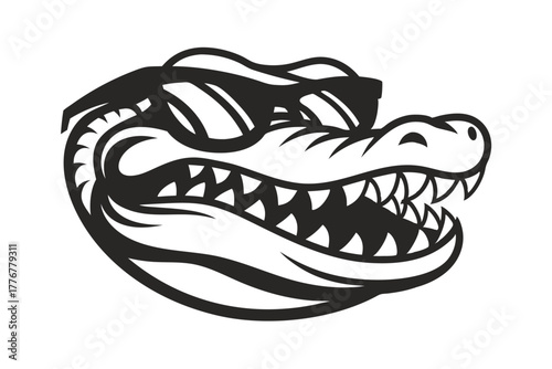 Monochrome alligator head with sunglasses shows its sharp teeth and strong jaw