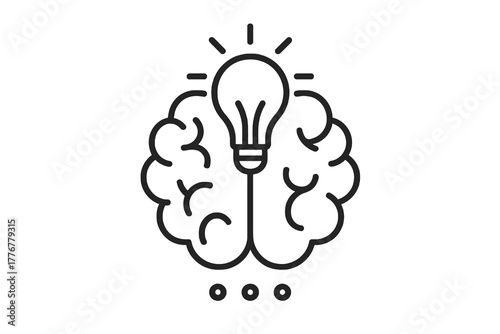 Black and white thin line vector icon of a brain with a light bulb in the center, representing creative intelligence, inspiration, and balanced thinking between logic and imagination.