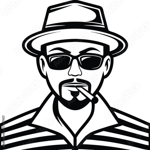 Monochrome man with hat and sunglasses smokes a cigarette in stylized illustration