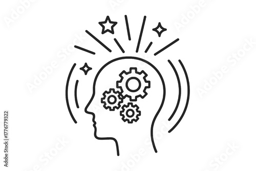 Black and white thin line vector icon of a human head with gears and stars, representing imagination, creative thinking, and innovation for design or education visuals.
