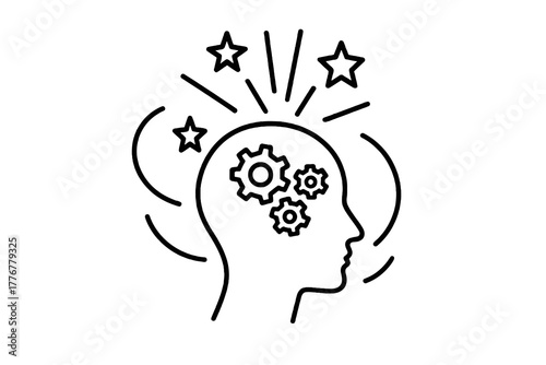 Minimalist linear icon showing a head with gears and light rays, symbolizing creativity, imagination, and the process of generating innovative ideas.