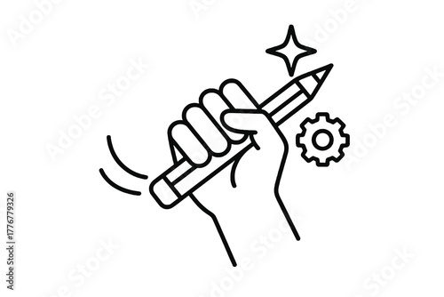 Black and white thin line vector icon of a hand holding a pencil with gear and star, representing artistic creativity, design inspiration, and innovation.