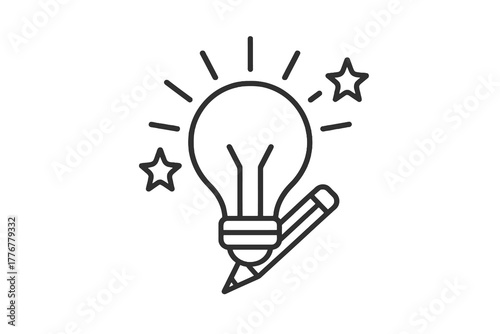 Minimalist linear icon showing light bulb and pencil as symbols of creative thinking, originality, and innovative design concepts in art and business.