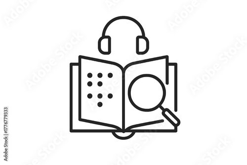 Minimal linear icon showing book, audio, and braille elements, symbolizing adaptive reading and digital accessibility in education and e-learning contexts.