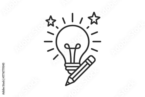 Black and white thin line vector icon of a light bulb with pencil and stars, representing creativity, imagination, and innovation for design and artistic inspiration.