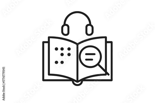 Black and white thin line vector icon of an open book with magnifier and braille, representing inclusive education and accessible learning with assistive technology.