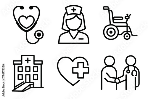 Set of six black and white line vector icons showing inclusive healthcare symbols like stethoscope, nurse, and electric wheelchair, perfect for medical and accessibility design projects.
