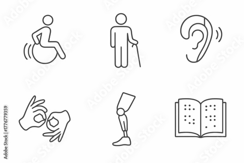 Set of six black and white editable line vector icons showing accessibility symbols such as wheelchair, hearing aid, and sign language, perfect for inclusive and healthcare designs.