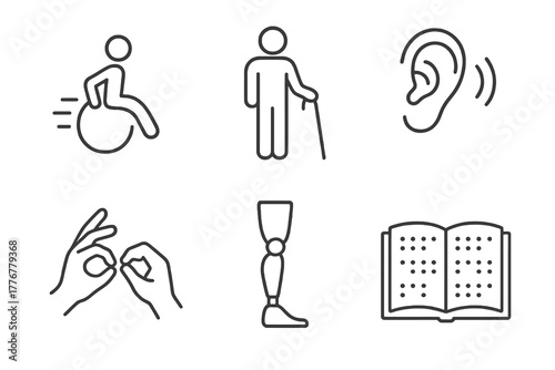 Black and white thin line icon set of accessibility aids including braille book and prosthetic leg, ideal for universal design, inclusion, and social awareness visuals.