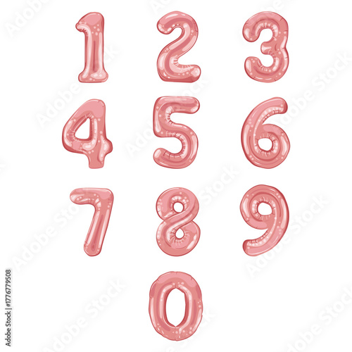 Pink balloons in the shape of blown-up numbers with a 3D effect. Festive elements are filled with helium and made of metallic foil. Perfect for birthdays, party invitations, holidays, gifts and sales.