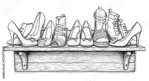 Engraving sketch of various women's shoes on a shoe shelf, black and white, hand-drawn style, vector illustration