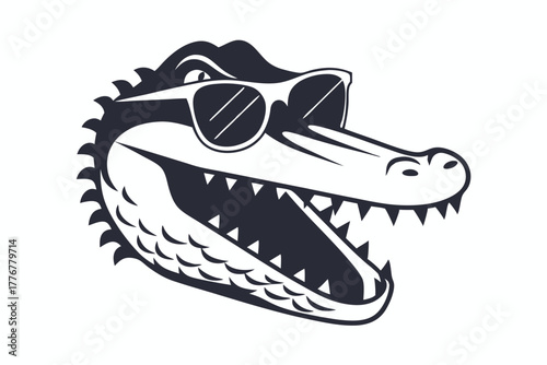 Openmouthed cartoon alligator head wearing sunglasses evokes a playful and confident cool reptile attitude