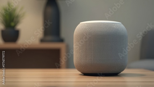 A smart speaker sitting on top of a wooden table