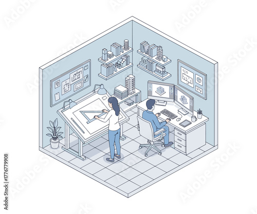 Isometric illustration of architects working in design studio