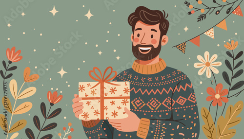 Man in a sweater holding a birthday gift with a joyful expression against a festive background