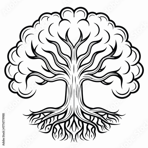 Ornate tree drawing exhibits bold black lines with visible detailed root structure and rounded canopy