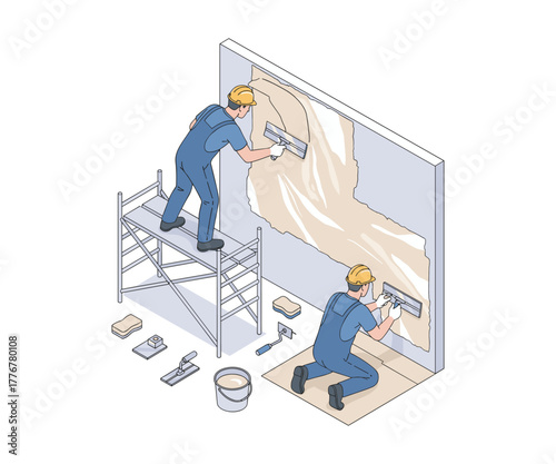 Isometric illustration of plasterers applying plaster on wall