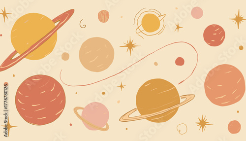 Cosmic background with planets and stars in warm colors