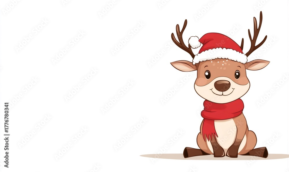 Fototapeta premium Cartoon reindeer sitting and smiling, wearing a festive hat and scarf for holidays