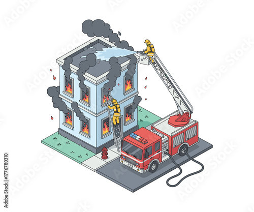 Isometric illustration of firefighters extinguishing burning building