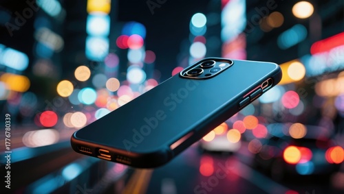 Dynamic urban background, blurred night city lights, bokeh effect. Focus on mobile phone.