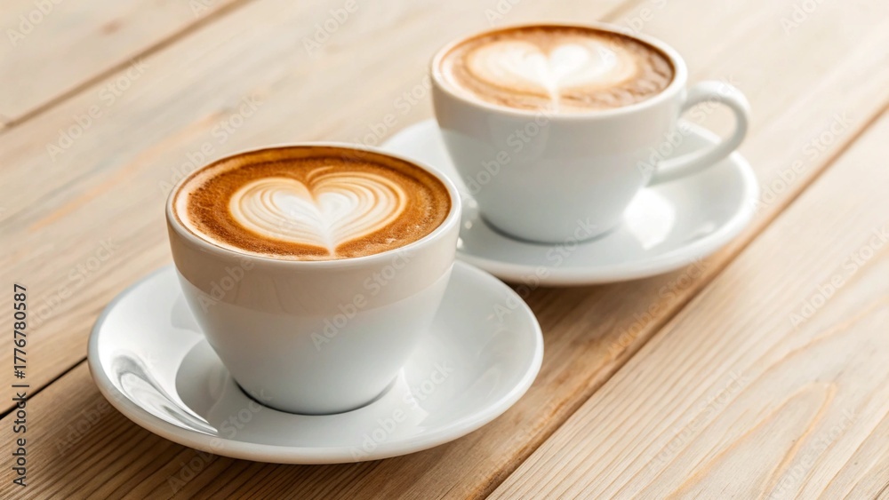 Obraz premium Two cups of cappuccino with heart shaped foam on wooden table