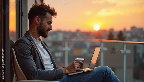 Man on balcony works with laptop and morning coffee at sunrise. Serene man at sunrise finds inspiration while working on laptop with city view.