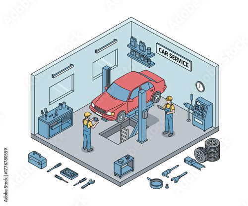 Isometric illustration of car service station with mechanics