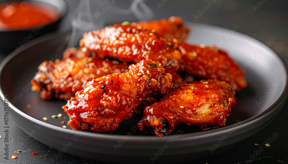 Fototapeta premium Chicken wings coated in spicy sauce, dark smoky backdrop, appetizing and delicious meal. Tasty food