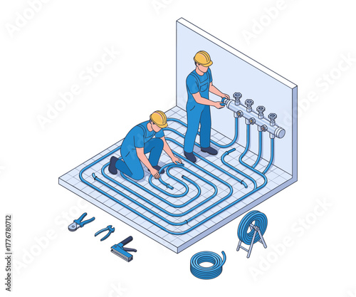 Isometric illustration of workers installing underfloor heating system