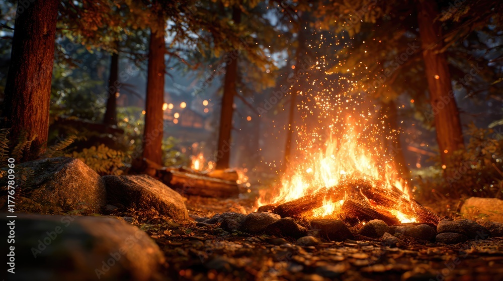 Obraz premium Cozy Campfire in Forest at Night with Glowing Sparks