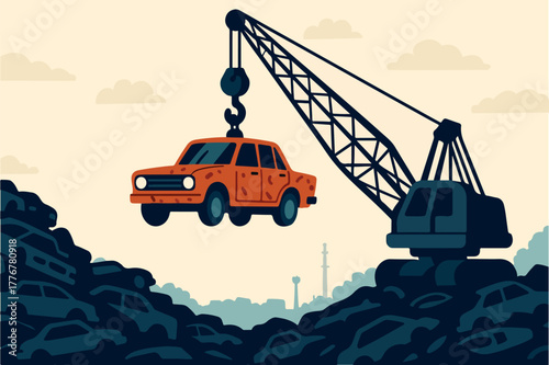 A crane with a hook lifts a rusty car over a pile of broken cars in a dump truck. scrap metal recycling and recycling.Vector illustration of the recycling machine.
