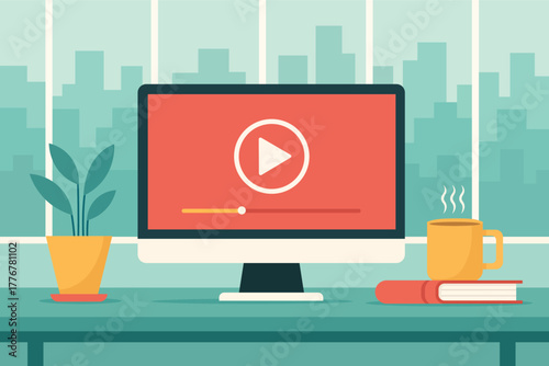Flat vector illustration of a modern desktop workspace featuring a computer displaying a live video player interface.