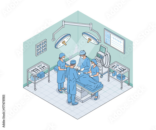Isometric illustration of surgeons operating in hospital room