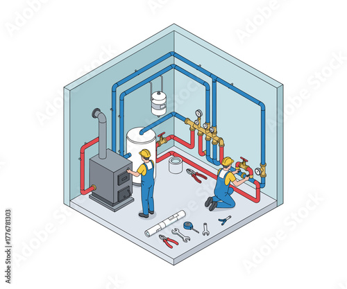 Isometric illustration of plumbers installing heating system