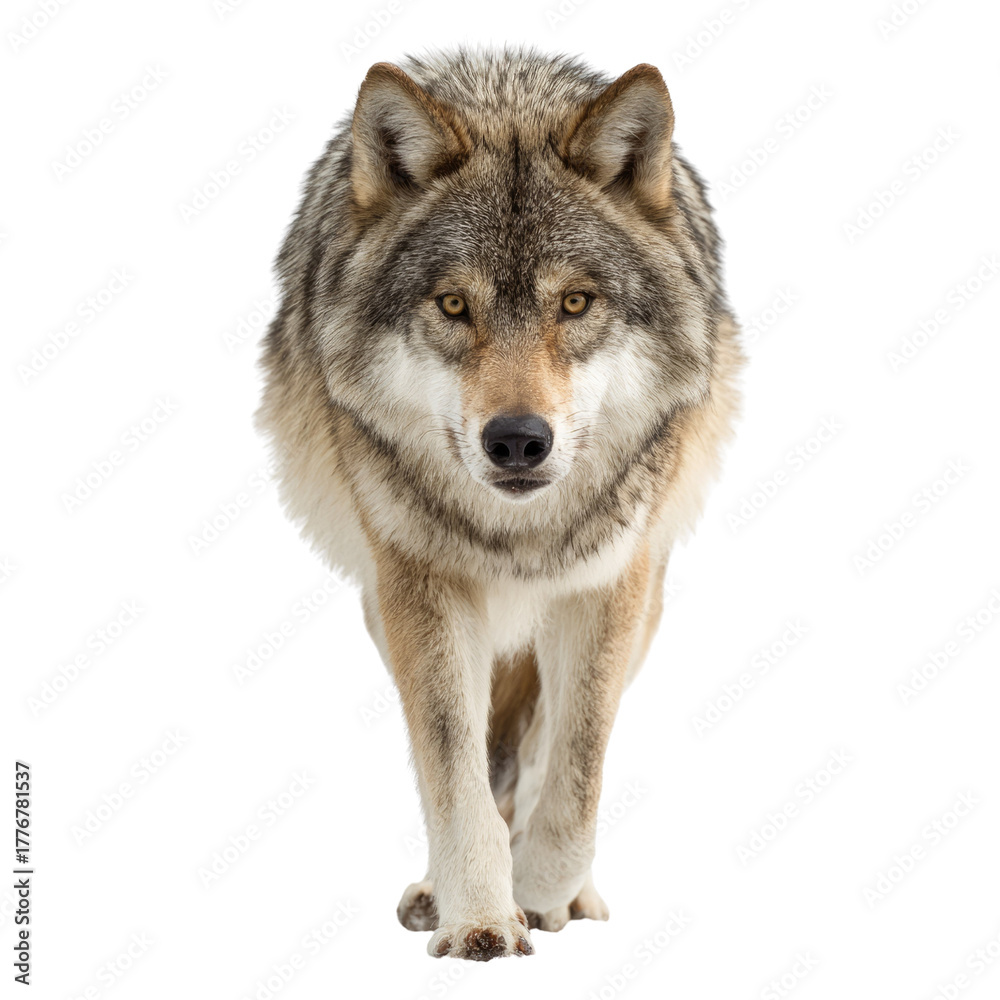 Fototapeta premium A majestic gray wolf with beautiful fur walks directly forward, staring intensely at the viewer on a clean, plain background. background removed
