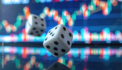 Two dice floating in front of financial chart representing stock market risk, investment uncertainty and economic speculation trends in modern trading