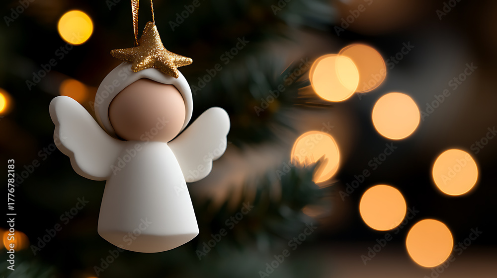 Fototapeta premium Angel ornament on Christmas tree with blurred bokeh lights. Festive, handcrafted, seasonal decor evokes holiday spirit. Gold star adds magical touch. Symbol of peace & joy.