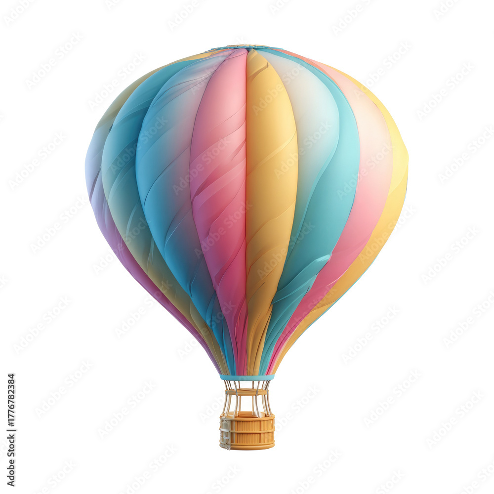 Fototapeta premium A vibrant hot air balloon with colorful pastel stripes and a wicker basket, ready for an adventurous journey. Isolated. background removed