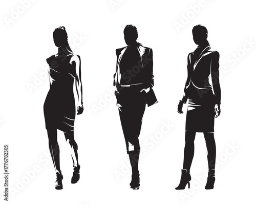 Business women, group of female fashion models. Isolated vector silhouettes, ink drawing