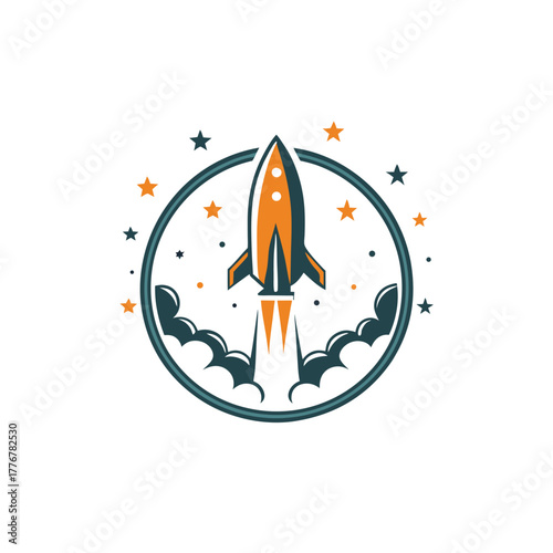 Stylized orange rocket launches upwards, framed by a dark teal circle with stars around it