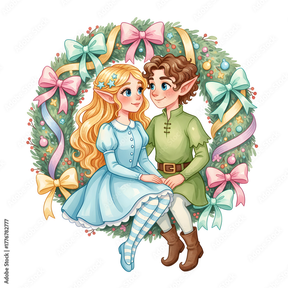 Fototapeta premium Cute fantasy elf couple sitting together inside a pastel Christmas wreath decorated with ribbons, bows, and ornaments, wearing light blue and green outfits, whimsical festive illustration