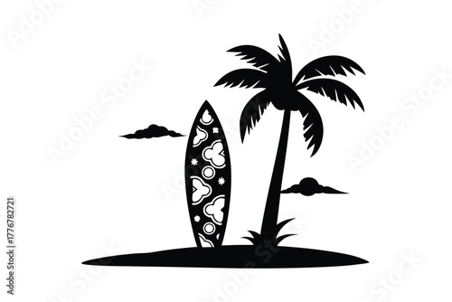 Tropical Island Palm Trees, Surfboard, and Fish on White