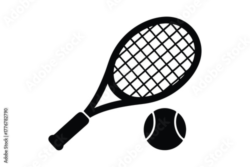 Two Black Outline Tennis Rackets and Ball Sports Equipment on White Background