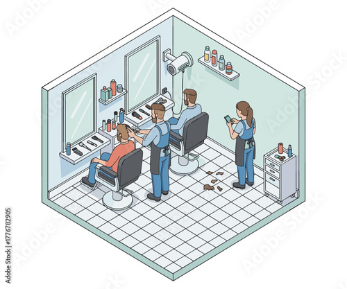 Isometric illustration of hair salon with hairstylists and clients