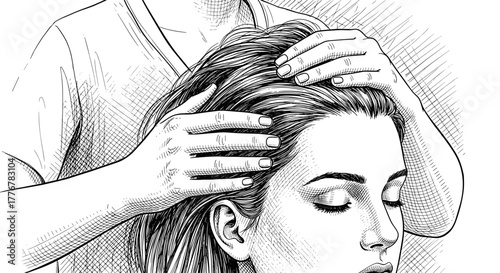 Engraving of a massage therapist performing a scalp massage on a woman's head, close-up, black and white, vintage vector illustration