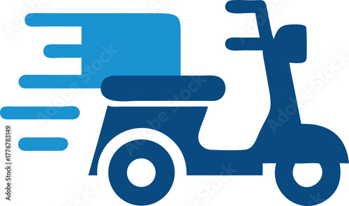 Two tone blue scooter is depicted moving quickly on a white backdrop