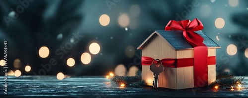 House model with a ribbon and key symbolizing a new home or real estate opportunity during holidays