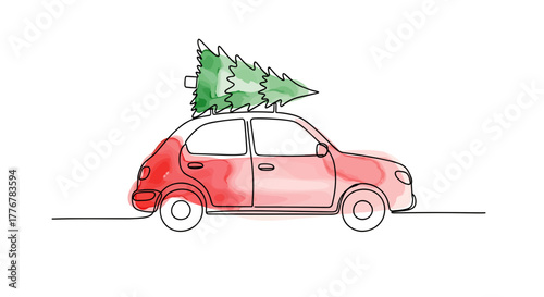 Doodle Christmas Tree Being Transported in a Car, great for holiday card print, Christmas tree farm logo, and festive design element — One Line Art Minimalist Watercolor Vector on White Background
