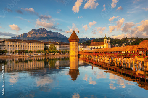 Photos wooden bridge in Luzern Swiss ,Old Europe city
